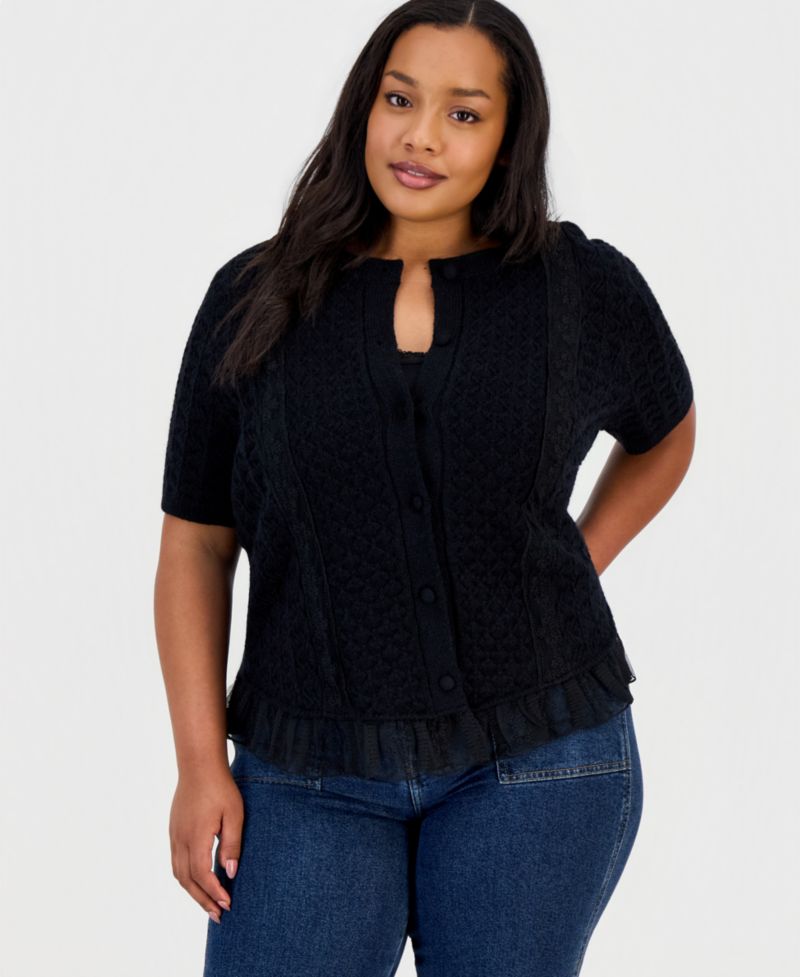 Petite Pointelle Lace-Hem Short-Sleeve Cardigan