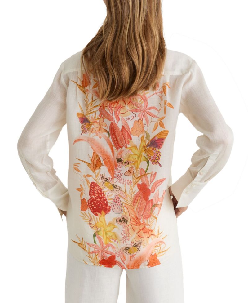 Women's Cilia Butterfly-Print Long-Sleeve Ramie Shirt