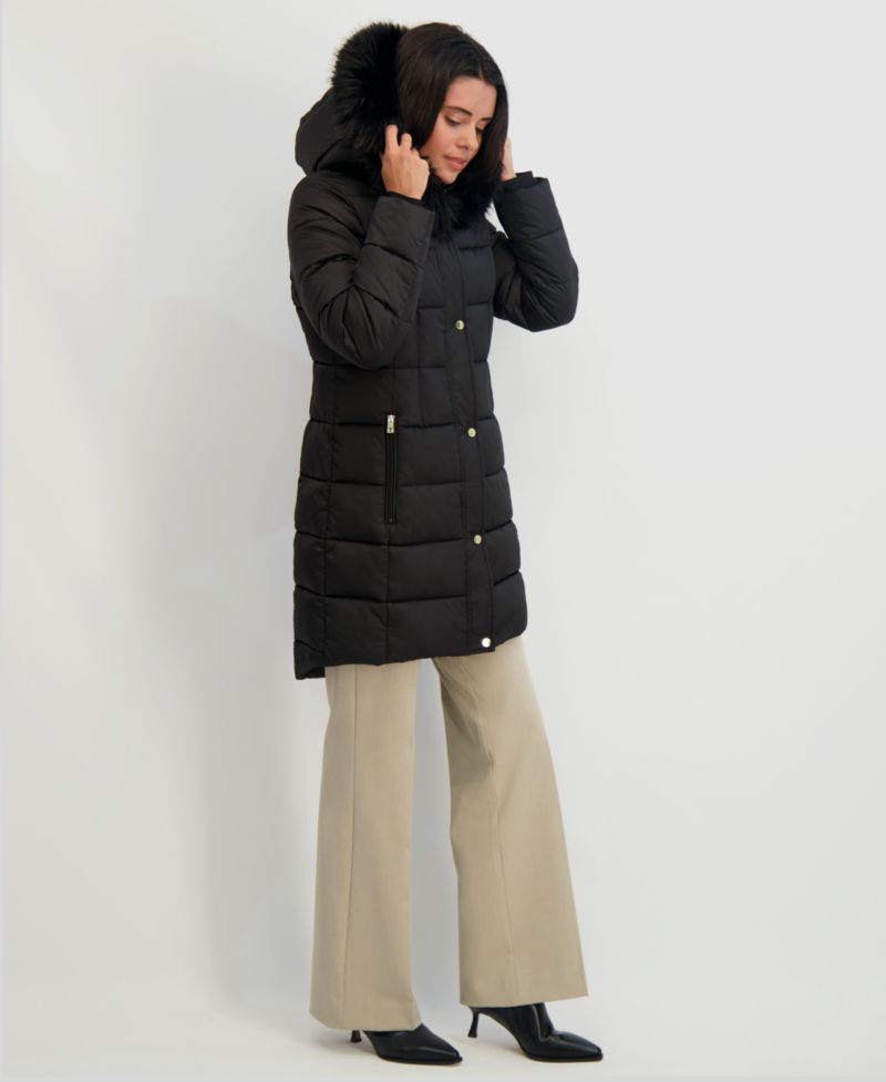 Womens Velvet Bibbed Faux-Fur Hooded Puffer Coat