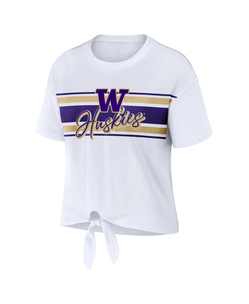 Women's White Washington Huskies Striped Front Knot Cropped T-shirt