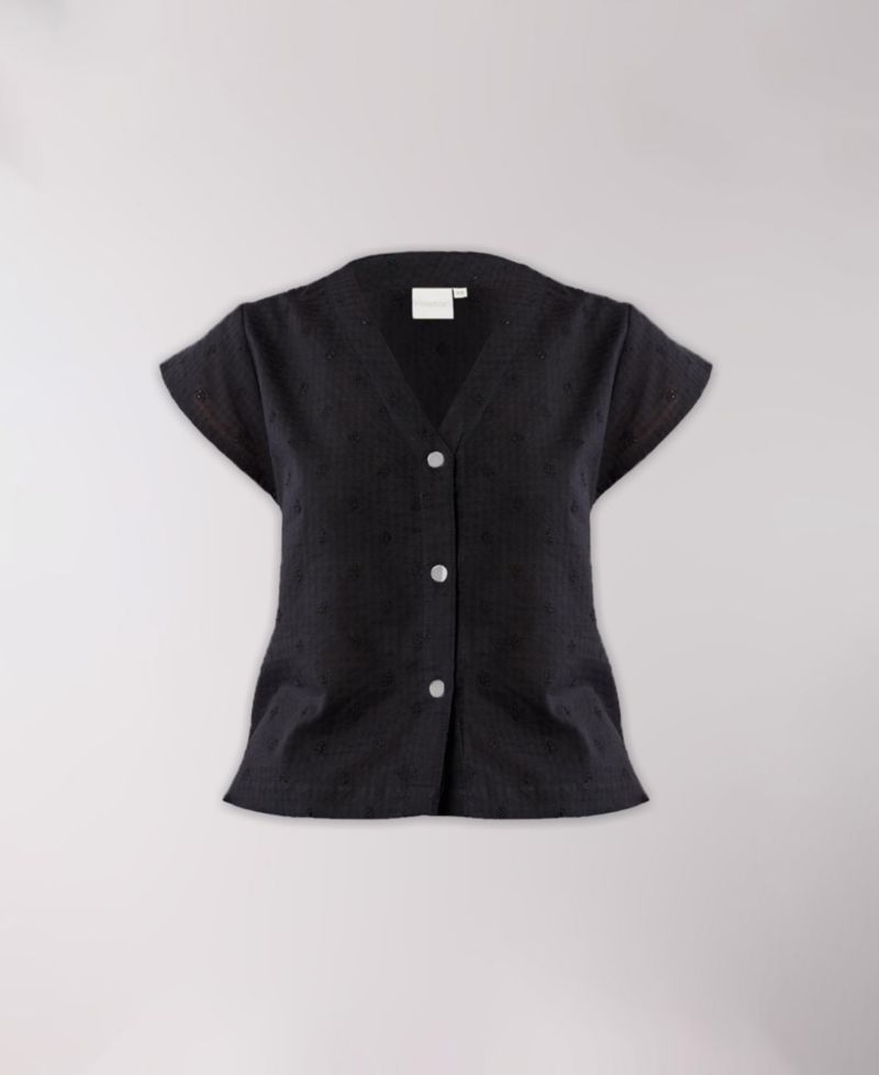 Women's V-Neck Embroidered Top with Front Buttons