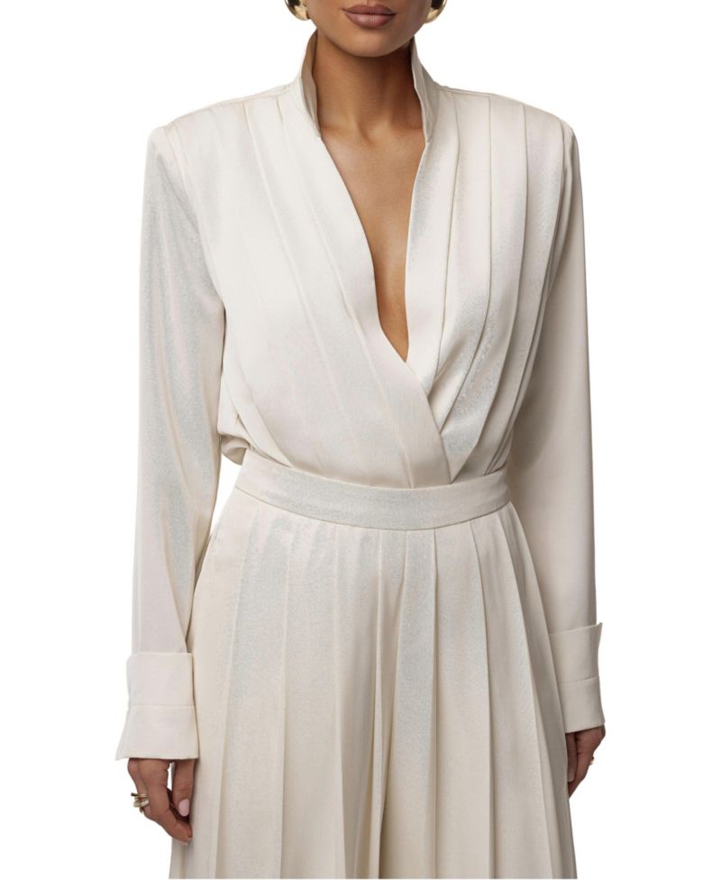 Women's Visionary Pleated Deep-Plunge Long-Sleeve Bodysuit