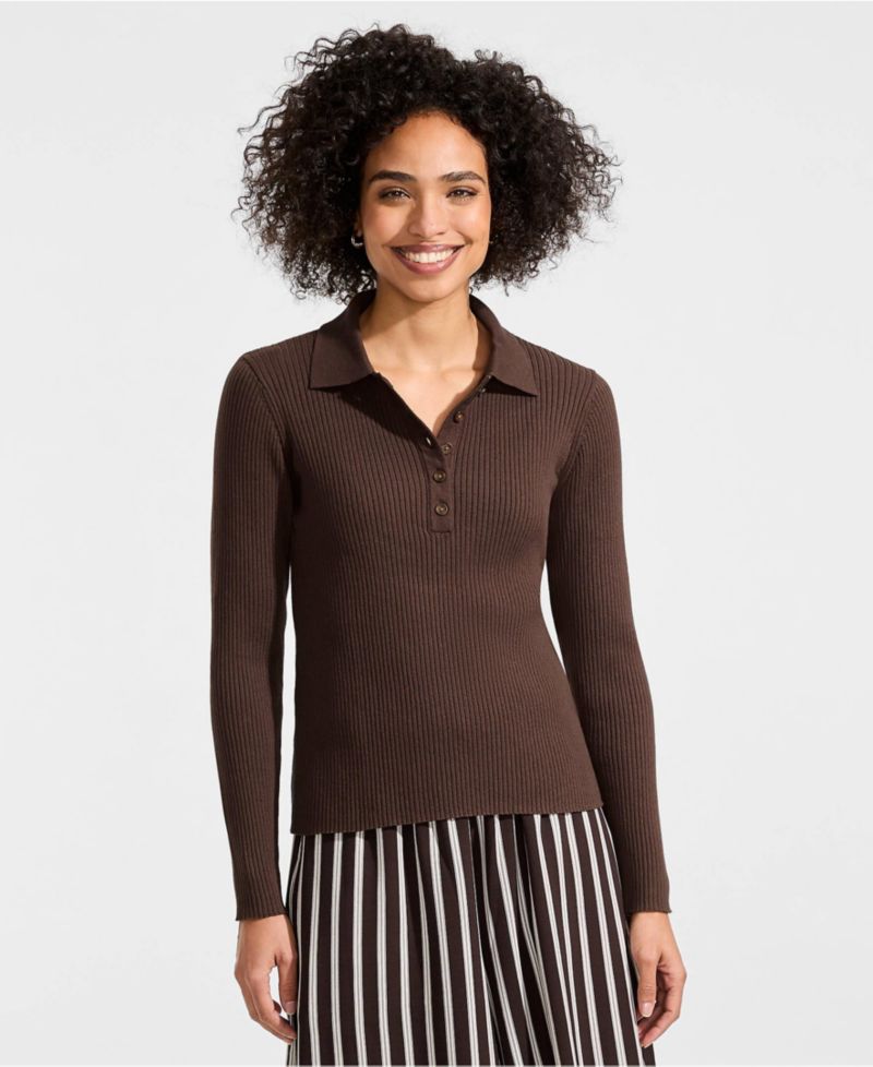 Women's Cotton Ribbed Long Sleeve Polo Sweater
