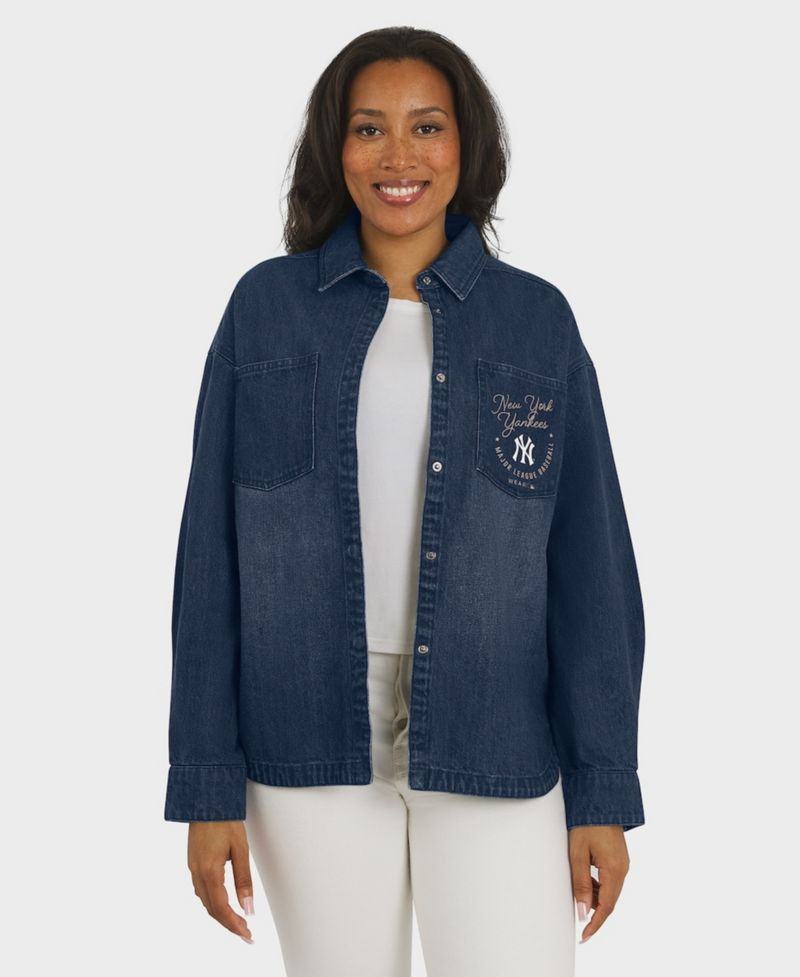 Women's Denim New York Yankees Washed Oversized Denim Full-Snap Shacket