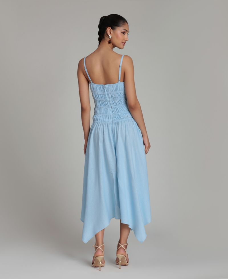 Women's Shirred Handkerchief Hem Linen Blend Asymmetric Midi Dress
