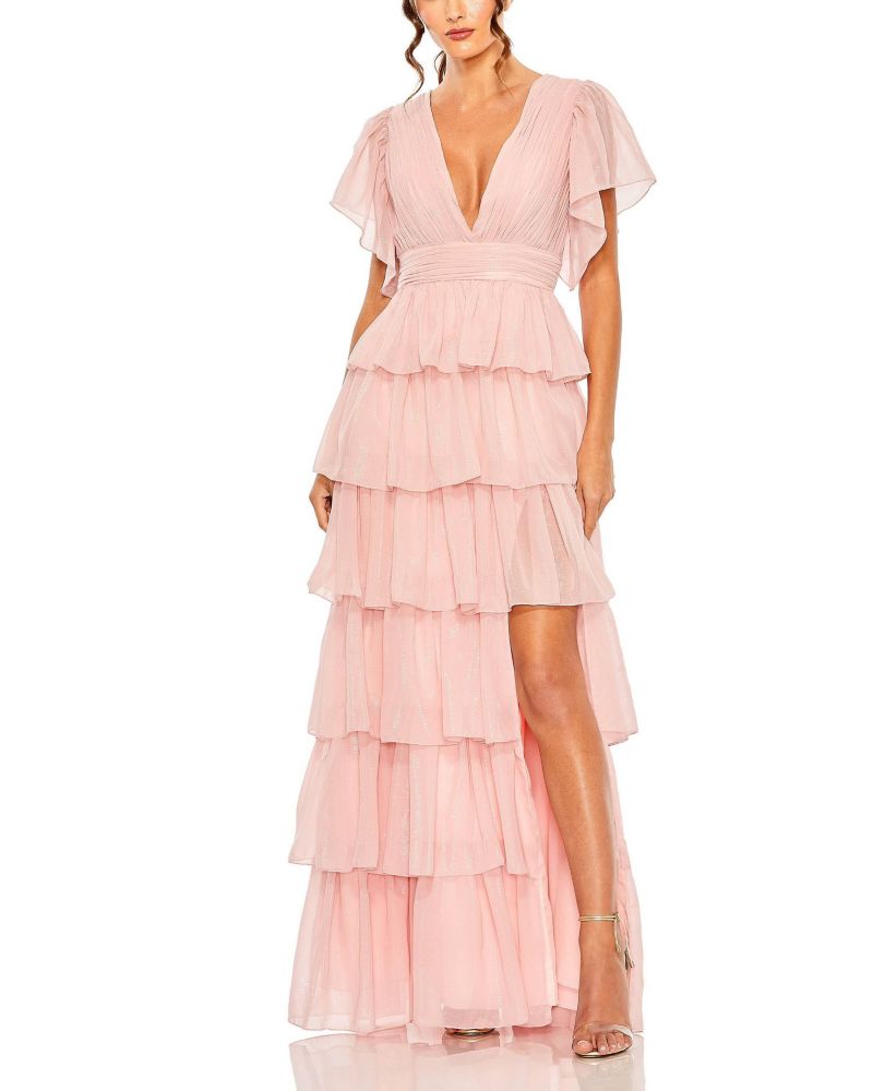 Women's Tiered Flutter Sleeve V-Neck Evening Gown