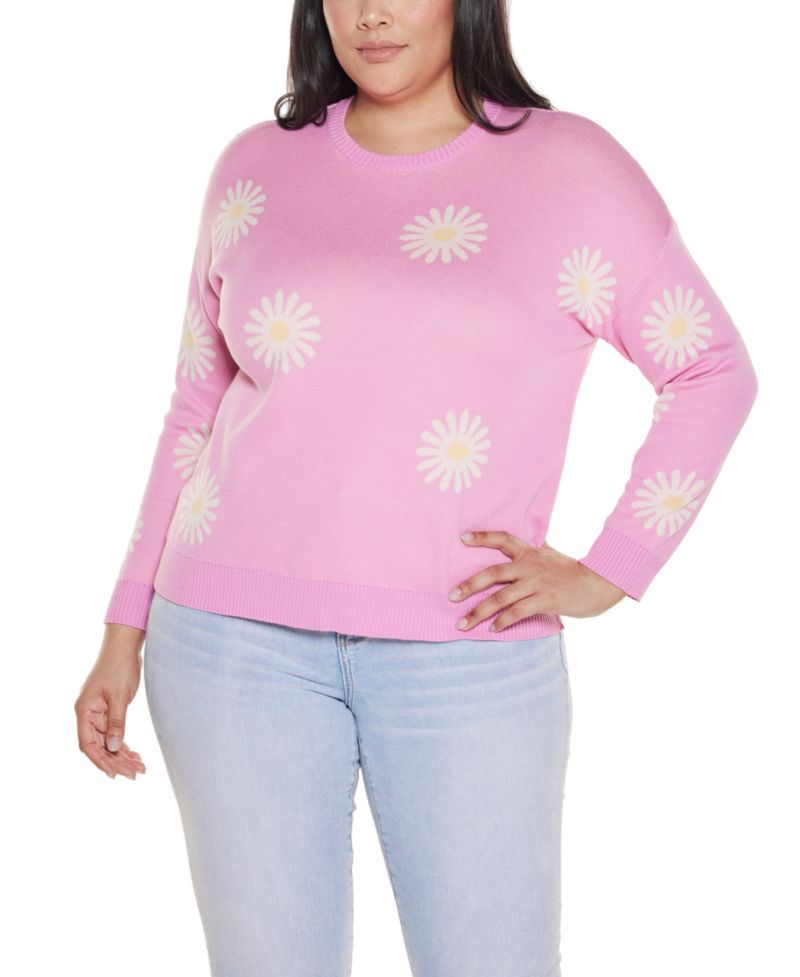Plus Size Jacquard-Flower Crew Neck Sweater