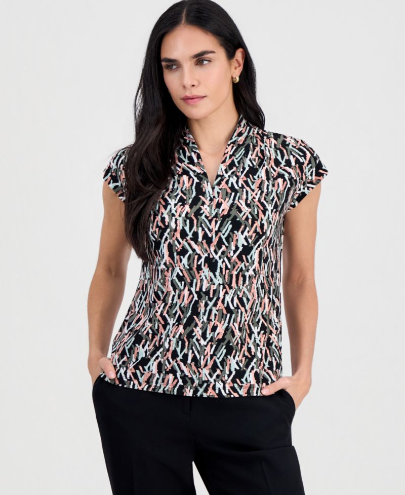 Petite Printed V-Neck Cap-Sleeve Blouse