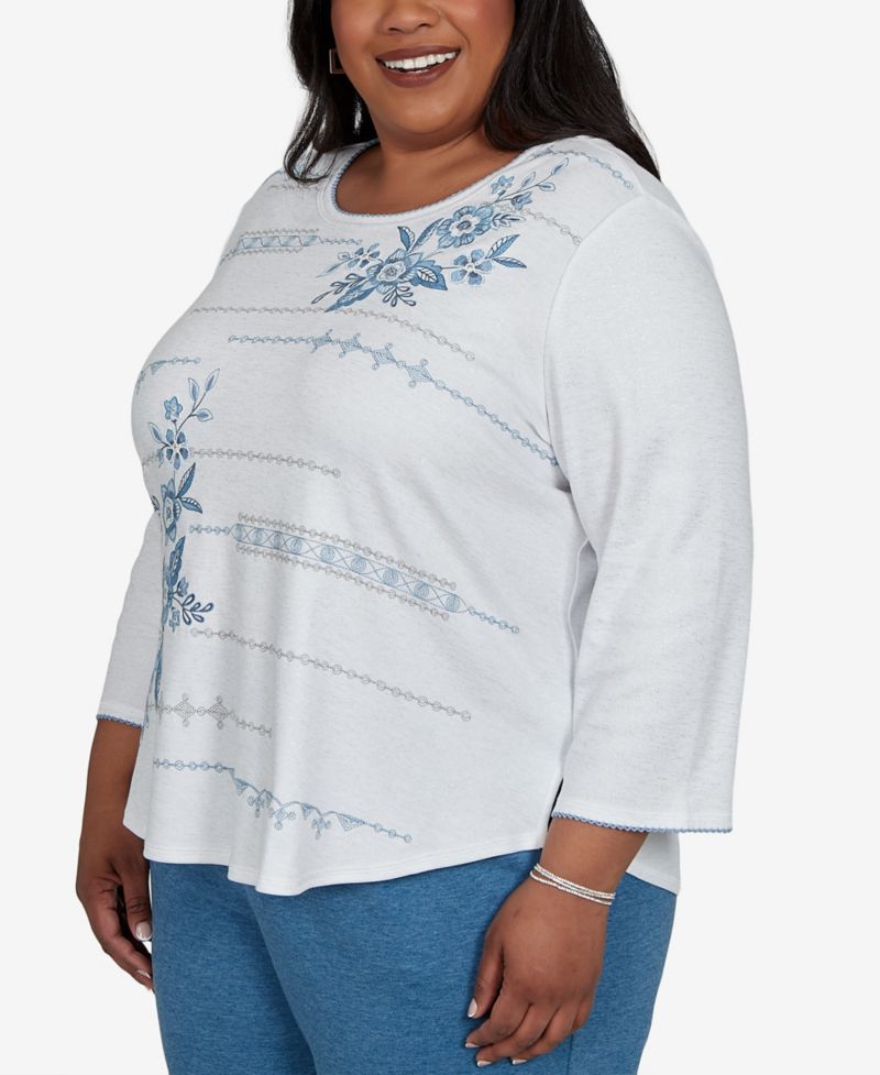 Plus Size Floral-Print 3/4-Sleeve Cotton-Blend T-Shirt