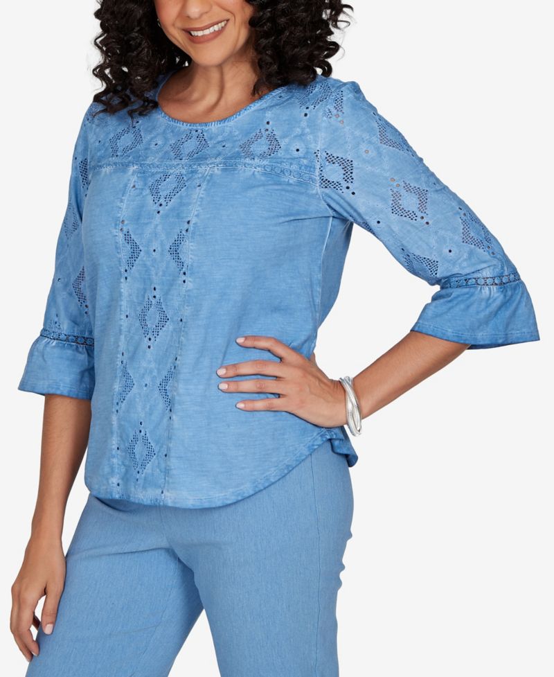 Petite Provence Tonal Diamond Applique Crewneck 3/4-Sleeve Top