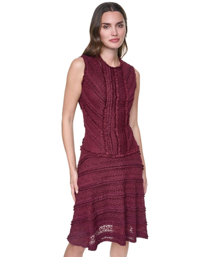 Women's Jewel Neck Ruffle Hem Fit-and-Flare Lace Dress
