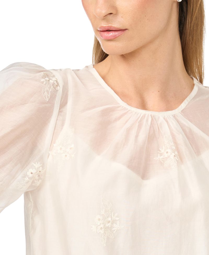 Women's Bubble Short-Sleeve Floral-Print Shirred Neck Top