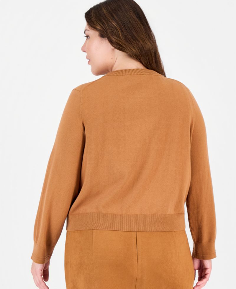 Plus Size Cotton-Blend Fitted Crew Neck Button-Front Cardigan