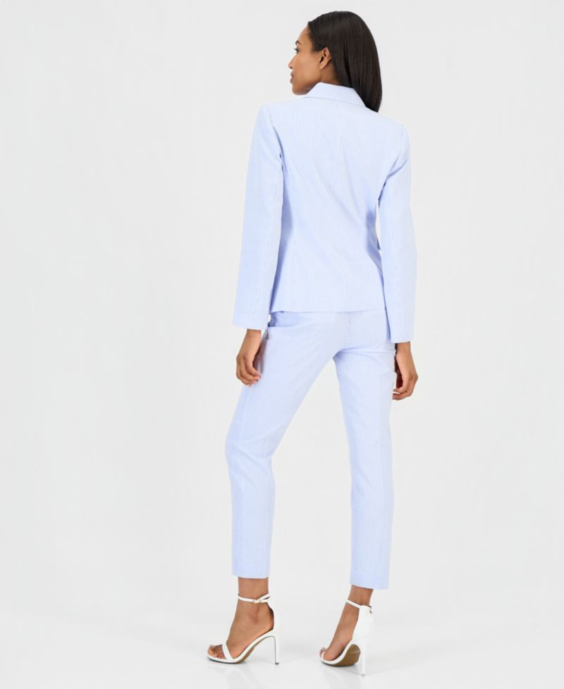 Women's Seersucker Stripe Cotton One-Button Blazer, V-Neck Sleeveless Ribbed-Knit Top & Seersucker Stripe Cotton Slim-Leg Pants