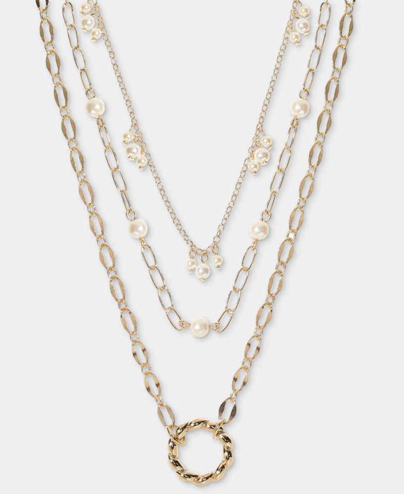 Open Circle & Imitation Pearl Layered Pendant Necklace, 15" + 3" extender