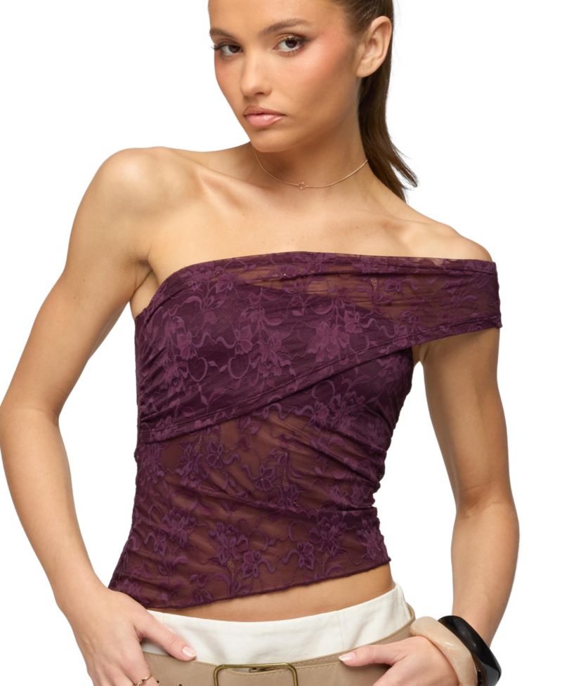 Women's Asymmetric One Shoulder Sheer Lace Top