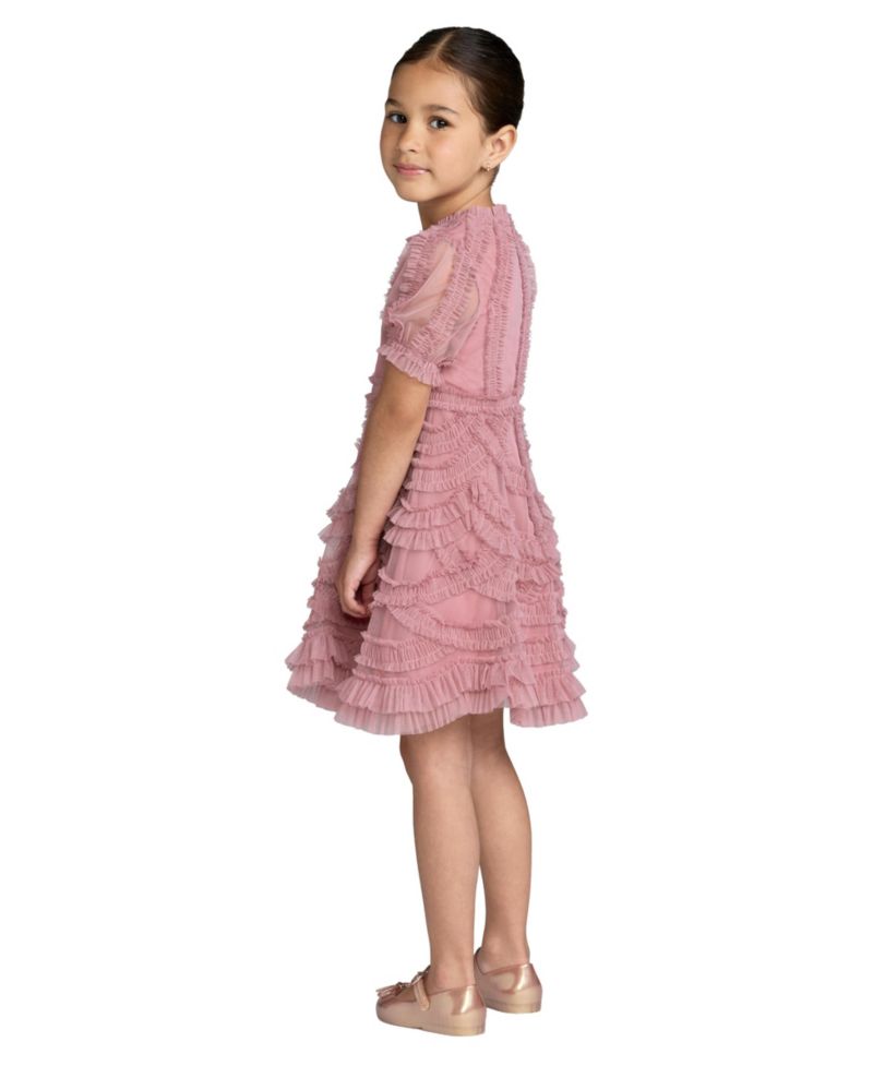 Big Girls High Neck Puff Sleeve Ruffle Mini Dress