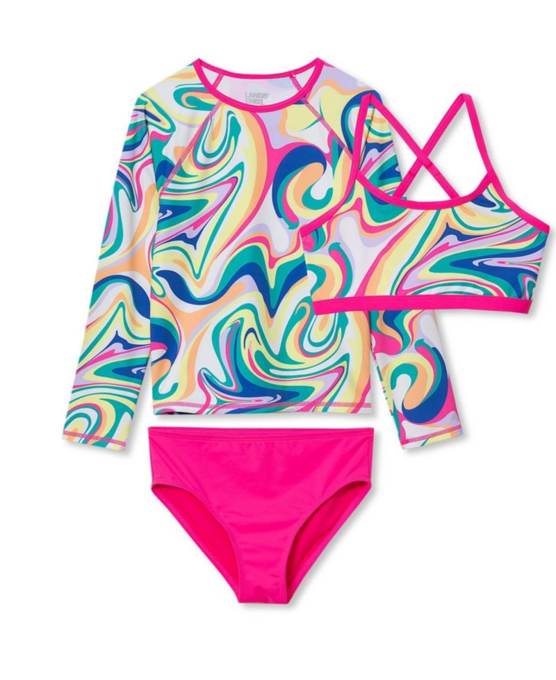 Girls Chlorine Resistant Long Sleeve Rash Guard Bikini 3 Piece Swimsuit Set