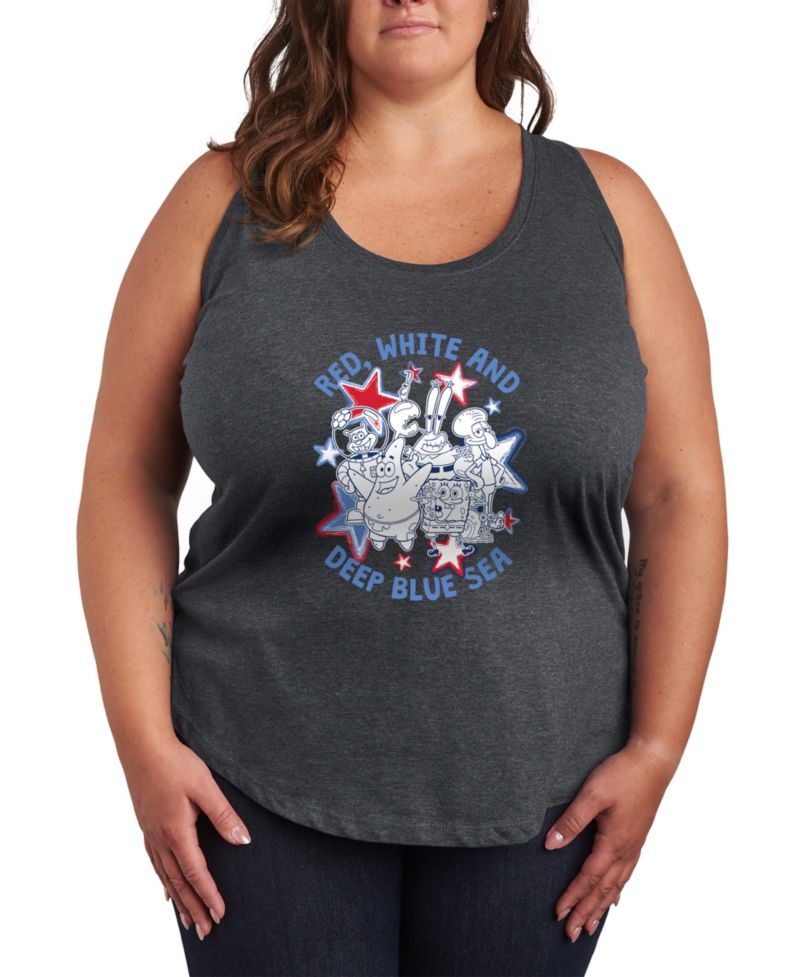 Plus Size SpongeBob Square Pants Red White Deep Blue Sea Racerback Graphic Tank Top