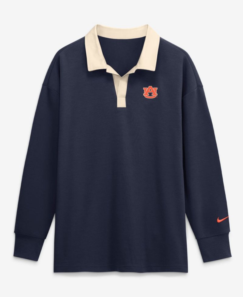 Women's Navy Auburn Tigers Oversized Essential Dri-FIT Long Sleeve V-Neck Polo Shirt