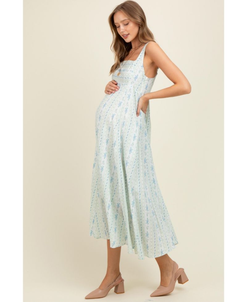 Women's Light Blue Cotton Floral Square Neck Sleeveless Maxi Dress