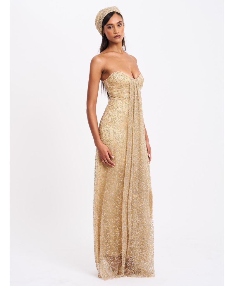 Women's Ada Gold Rhinestone Embellished Strapless Gown with Head Scarf