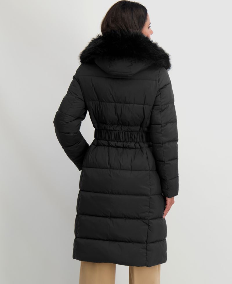 Women's Faux-Fur-Trim Hooded Belted Puffer Coat