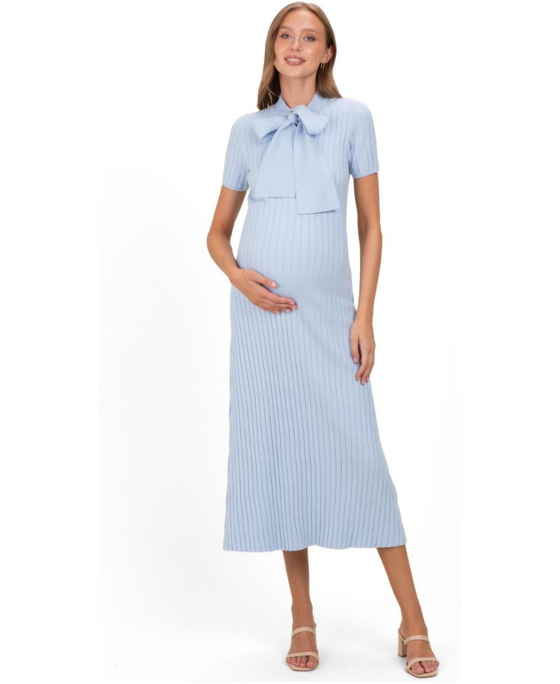 Maternity Ribbed-Knit Tie-Neck Short-Sleeve Dress