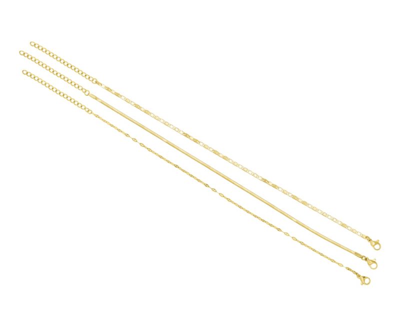 Gold Tarnish Resistant Adjustable 9-11" Herringbone, Valentina and Mariner Chain Anklet Set