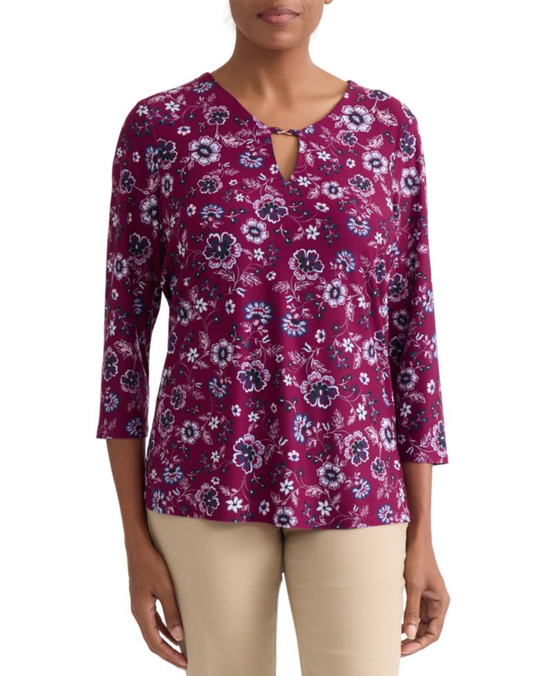 Petite Floral Print Key-Hole Detail Top