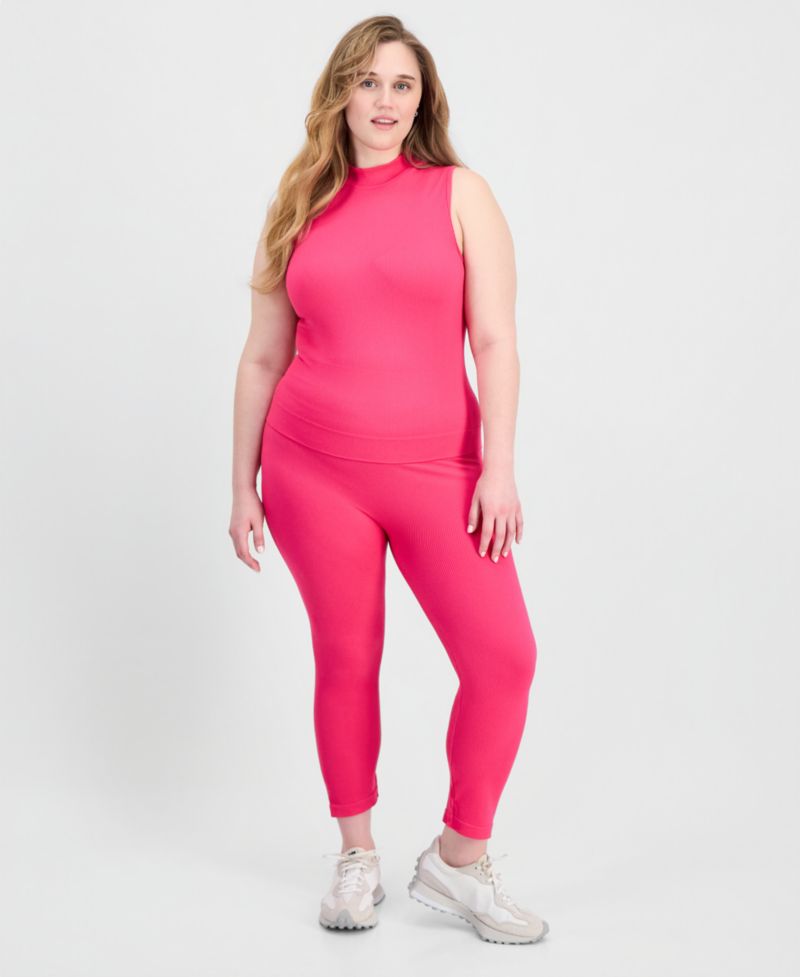 Trendy Plus Size Ribbed Mock Neck Top & Pants Set