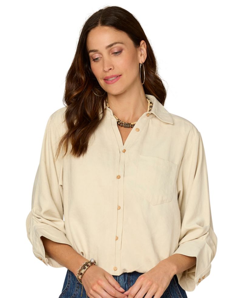 Petite Ruched-Sleeve Bubble-Hem Shirt