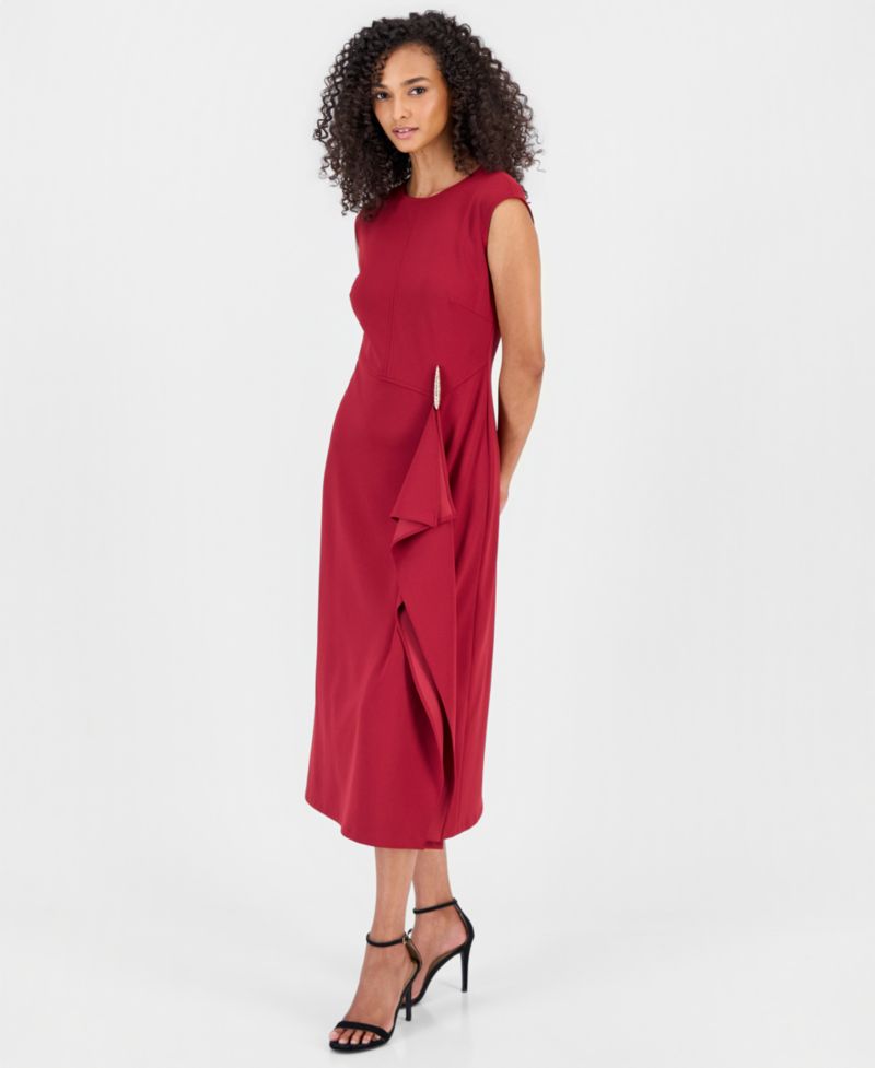 Women's Cocktail Fitted Cascade Ruffle Midi Dress