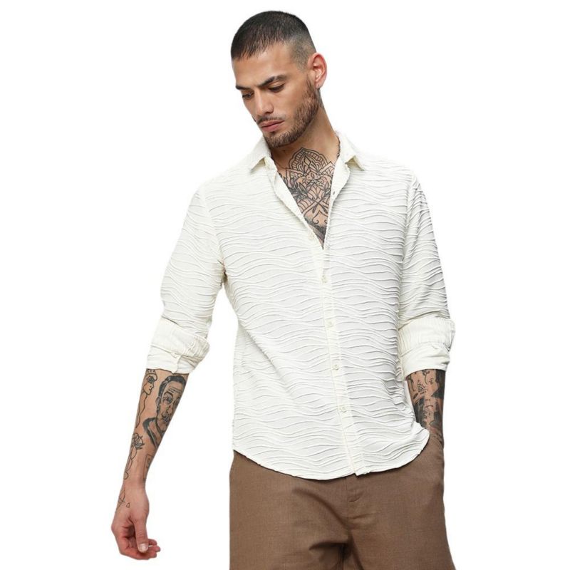 Men's Ivory White Self-Design Wave Shirt