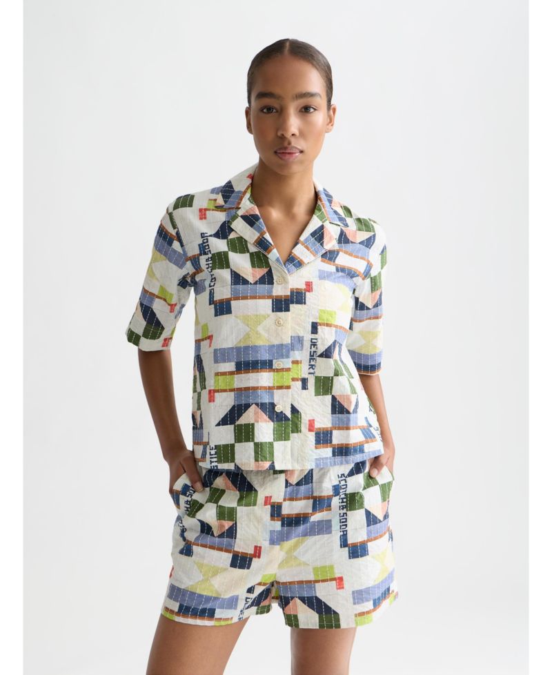 Women's Stitch-Embroidered Printed Short Sleeve Shirt