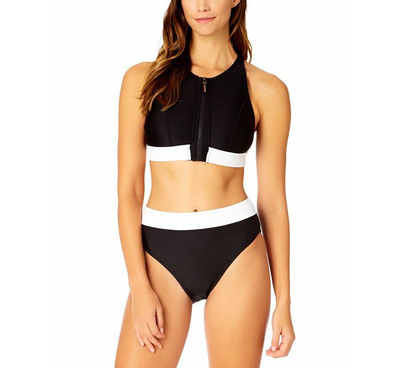 Women's Optical Illusion Zip Longline Bra Swim Top