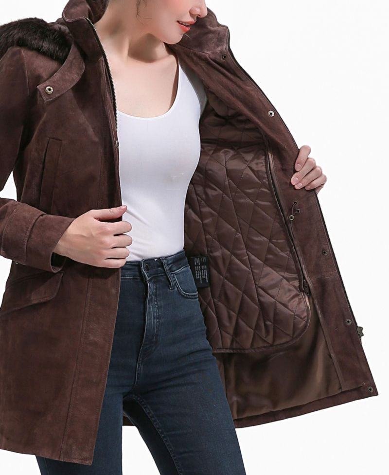 Women's Iris Hooded Suede Leather Parka Jacket