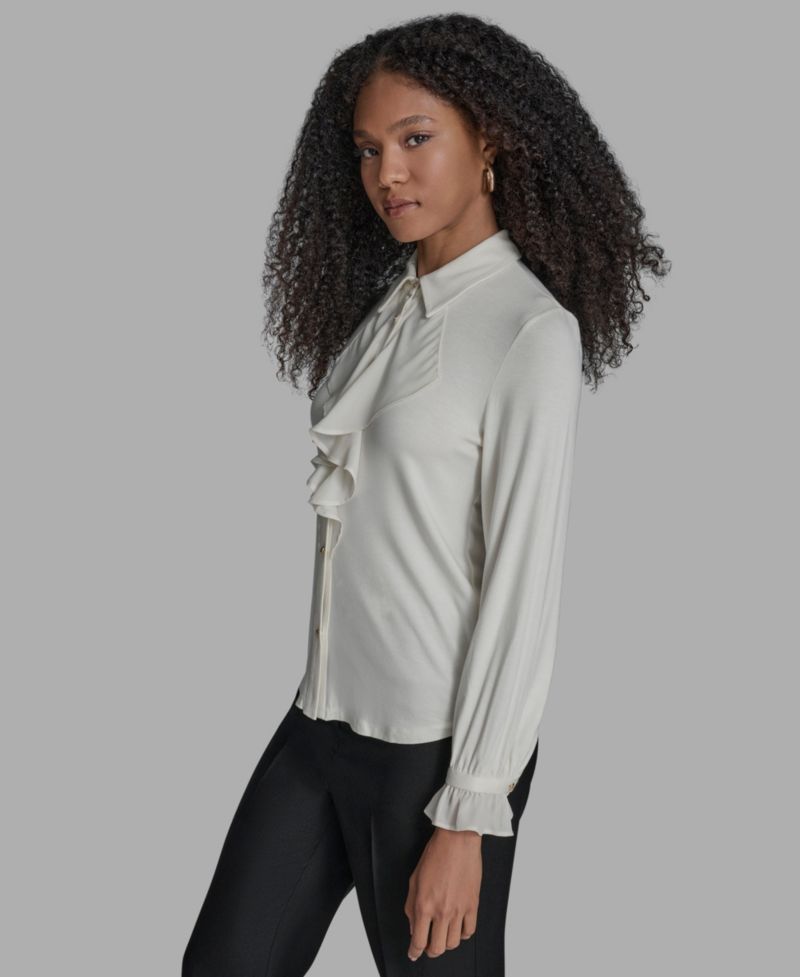 Women's Button Down Ruffle Front Blouse