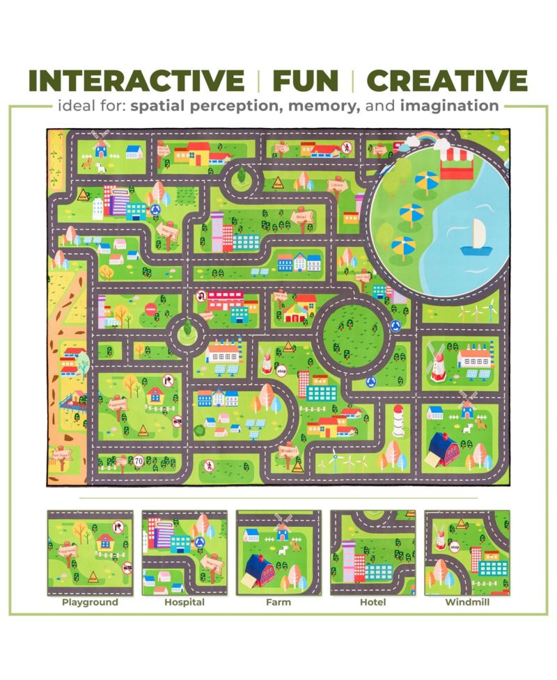 60"x79" City Roads Themed Washable Rug for Kids - For playrooms, classrooms, and bedrooms