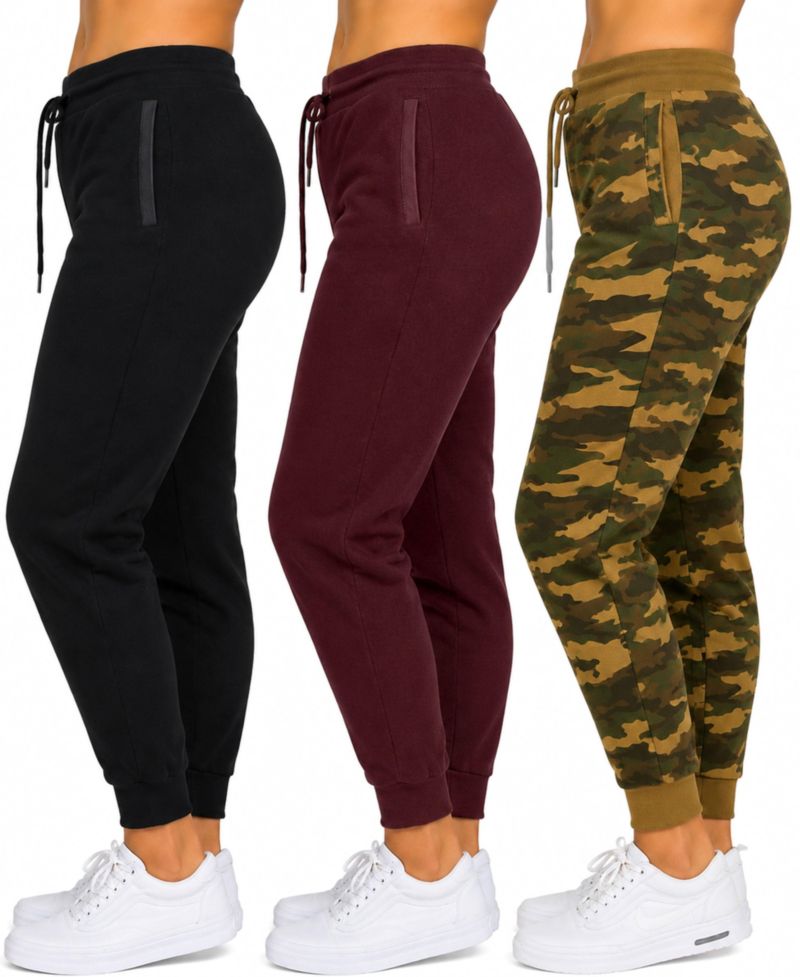 Women's Loose Fit Heavyweight Classic Fleece Jogger Sweatpants With Zipper Side Pockets- 3 Pack