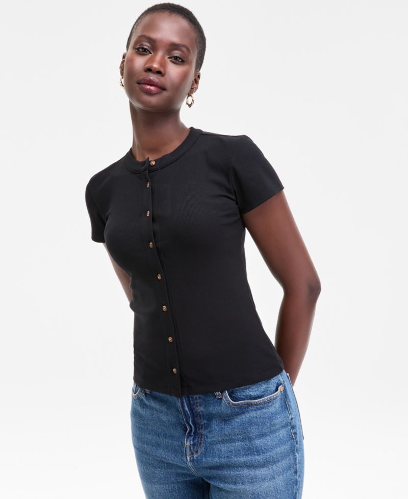 Women's Rib-Knit Short-Sleeve Button Front Top