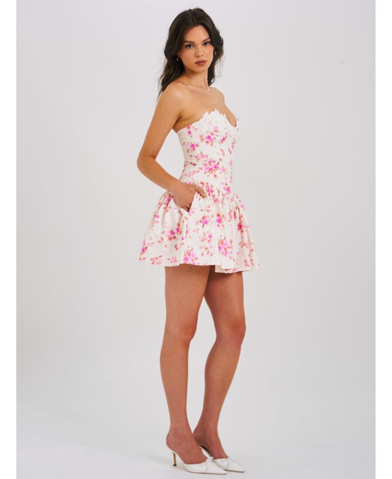 Women's Samara Floral Drop Waist Linen Corset Puffy Mini Dress