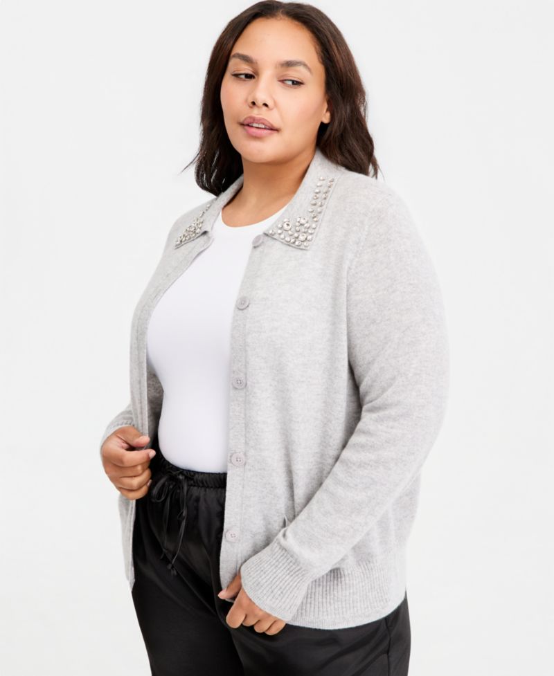 Plus Size 100% Cashmere High-Rib Embellished Cardigan