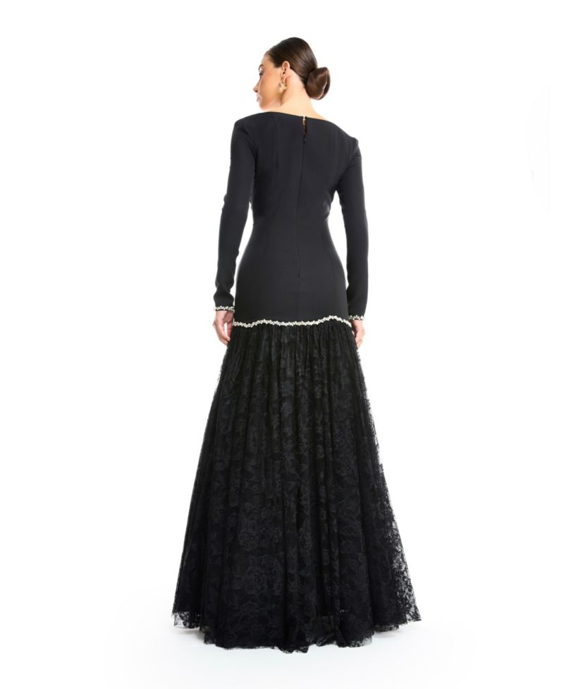 Women's Long Sleeve Square Neck Drop Waist Evening Dress