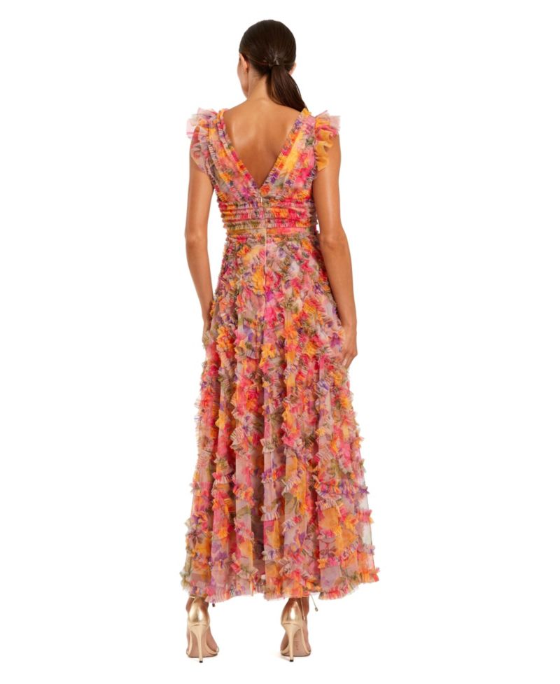 Women's Floral Mesh Ruffle V Neck Ankle Dress