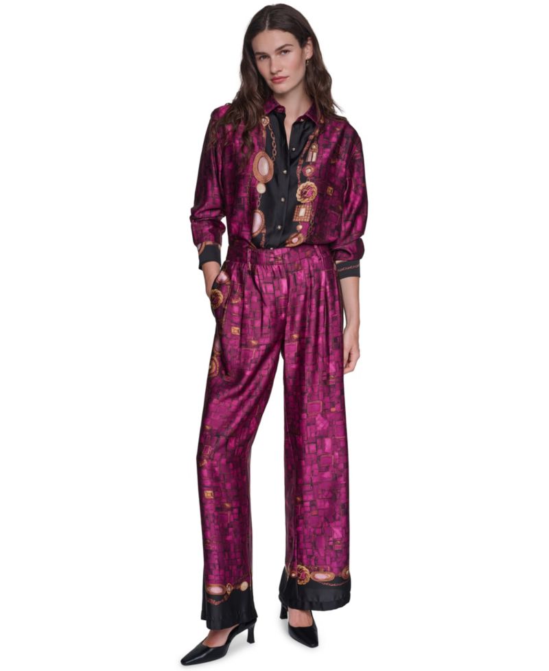 Women's Long-Sleeve Printed Collared Blouse & Pleated Wide-Leg Satin Pants