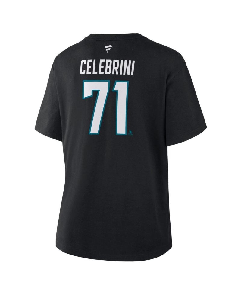 Women's Macklin Celebrini Black San Jose Sharks Authentic Stack Name & Number T-Shirt