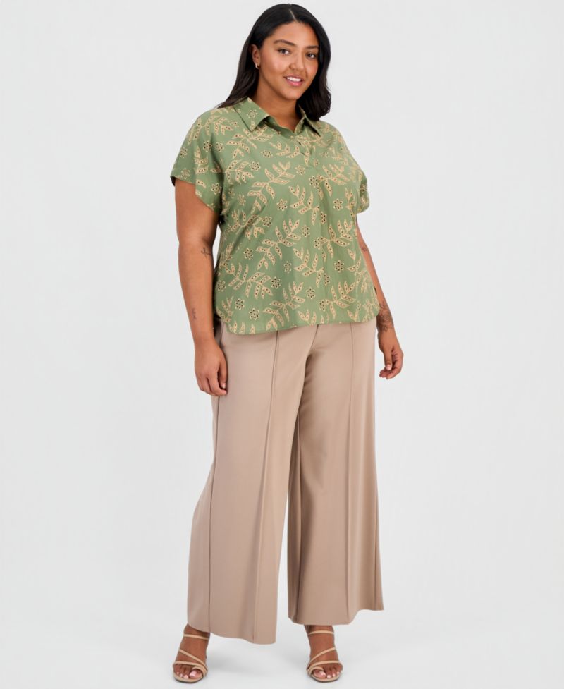 ASL Plus Size Embroidered-Look Short-Sleeve Camp Shirt