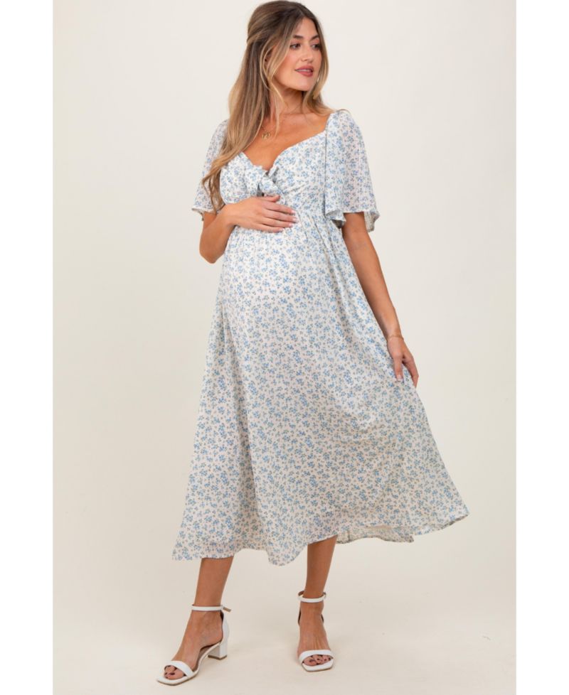 Women's Blue Floral Front Tie Midi Dress