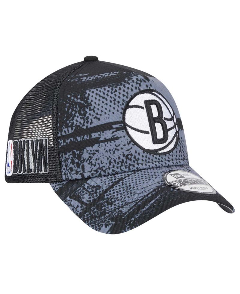 Men's Black/Charcoal Brooklyn Nets Tip Off A-Frame Trucker 9FORTY Adjustable Hat